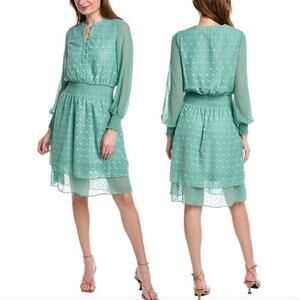 T Tahari Textured Tiered Dress Spring Sage Smocked Layered Skirt LG Cottage Core